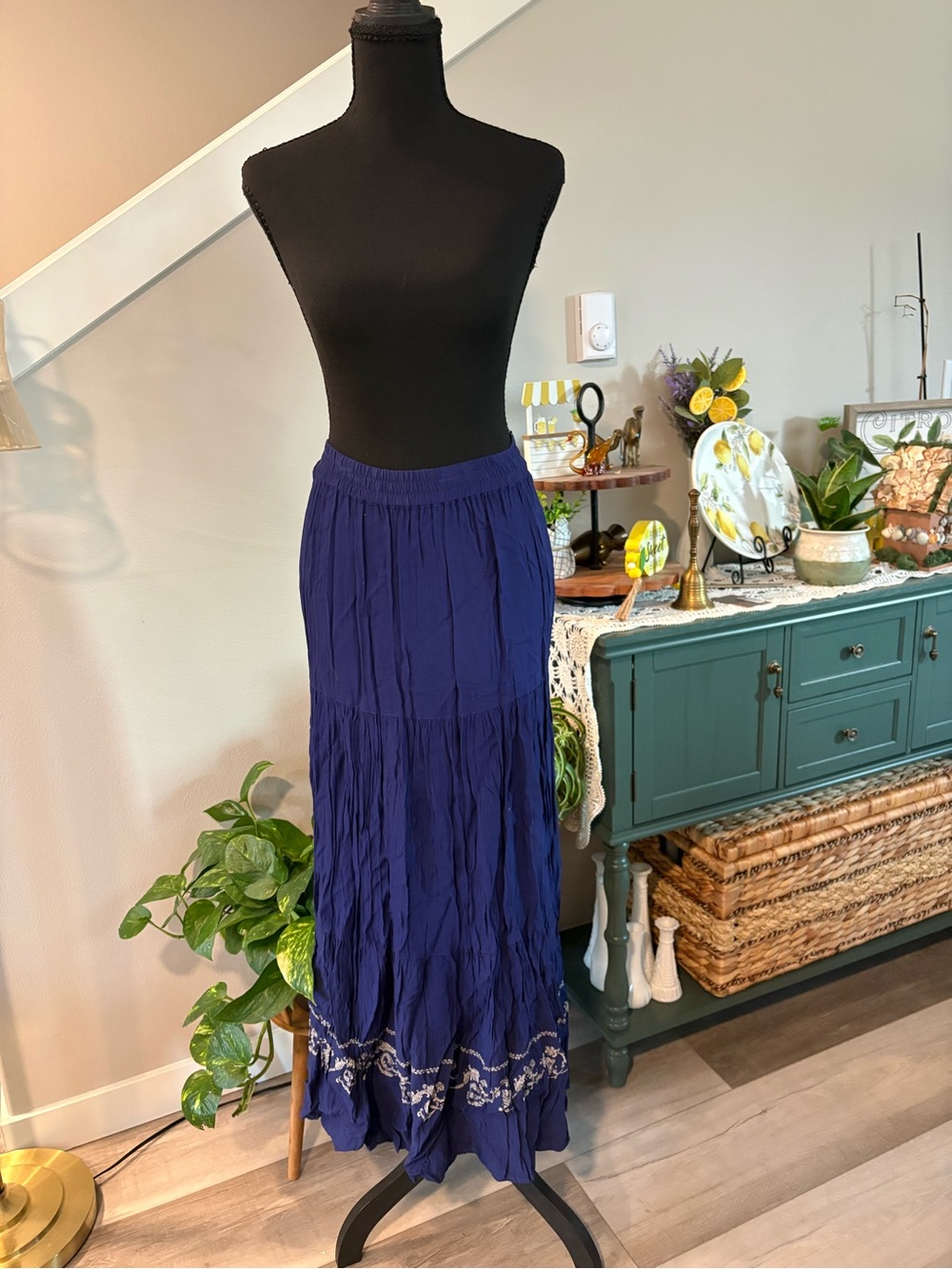 Wrangler Deep Blue Tiered Maxi Skirt with Embroidered Hem